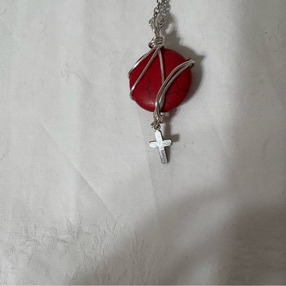 Silver Wrapped Red Stone Necklace with Cross Charm - Picture 7 of 7
